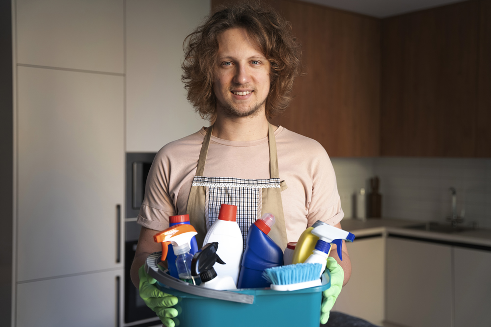 Man with cleaning supplies Domestic Assistance