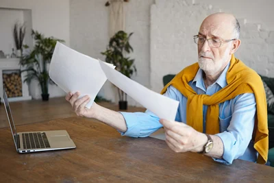 Man sitting at table worried about aged care paperwork