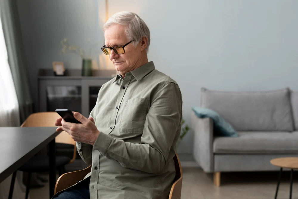 Older Man Using a Mobile Phone at Home Older man seated at home using a mobile phone