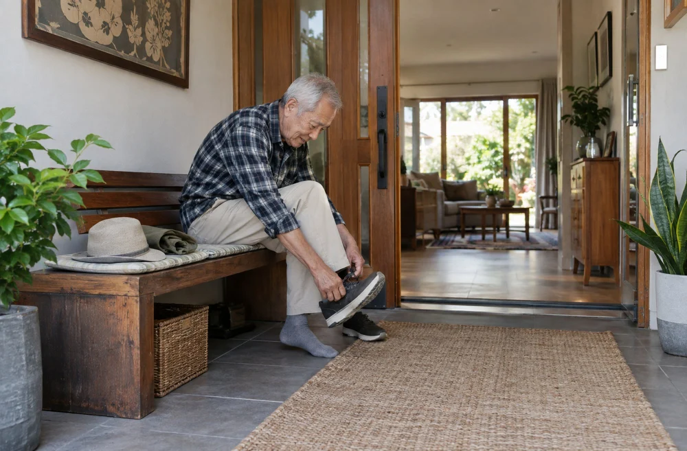 Older Man Putting on Shoes by the Front Door Older man seated by his front door putting on shoes