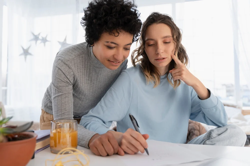 Two Women Reviewing Paperwork Together at Home
