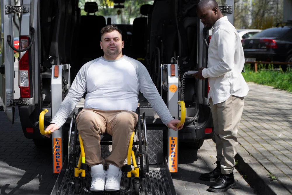 Wheelchair user boarding an accessible vehicle