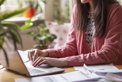 Woman sitting at computer sorting NDIS paperwork