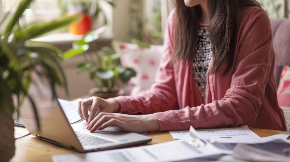 Woman sitting at computer sorting NDIS paperwork | JNJ Community Support Services | JNJ Community Support Services Two women sit on a couch, smiling warmly while clasping hands in a moment of friendship and support.